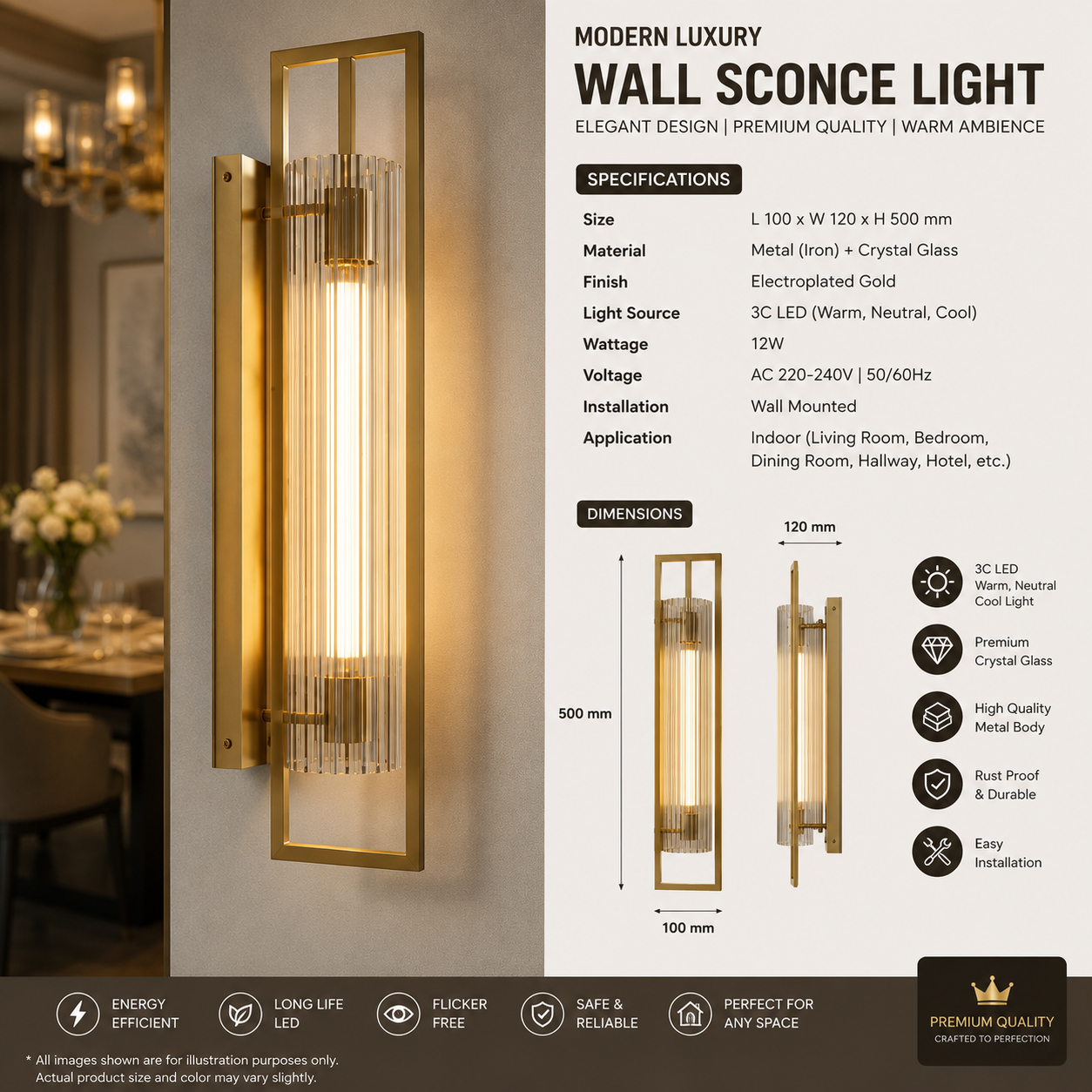 Luxury Gold Crystal Glass LED Wall Sconce Light