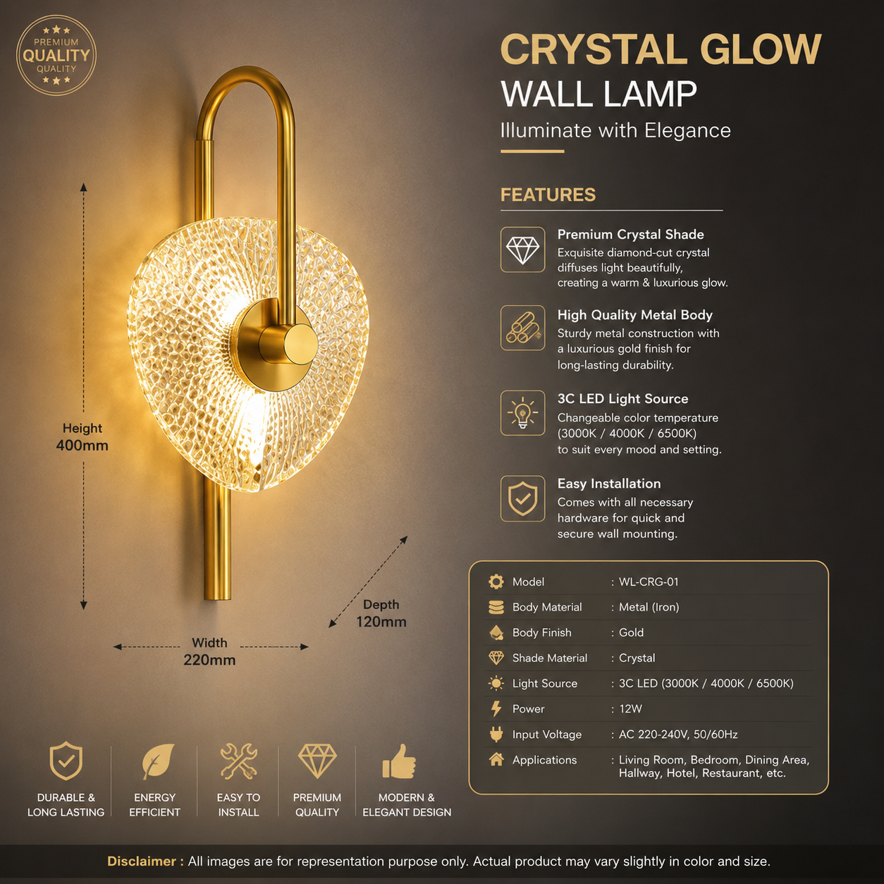 Modern Crystal LED Wall Light with Gold Finish