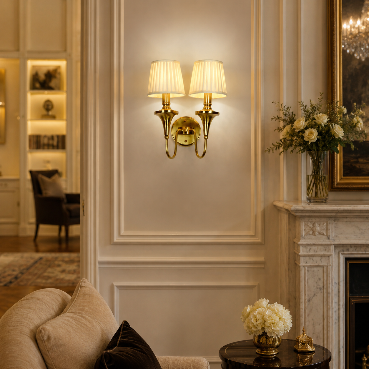 Classic Double Arm Brass Wall Sconce with Pleated Fabric Shades