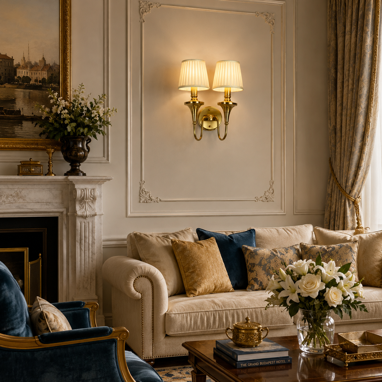 Classic Double Arm Brass Wall Sconce with Pleated Fabric Shades