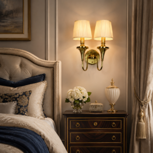 Classic Double Arm Brass Wall Sconce with Pleated Fabric Shades