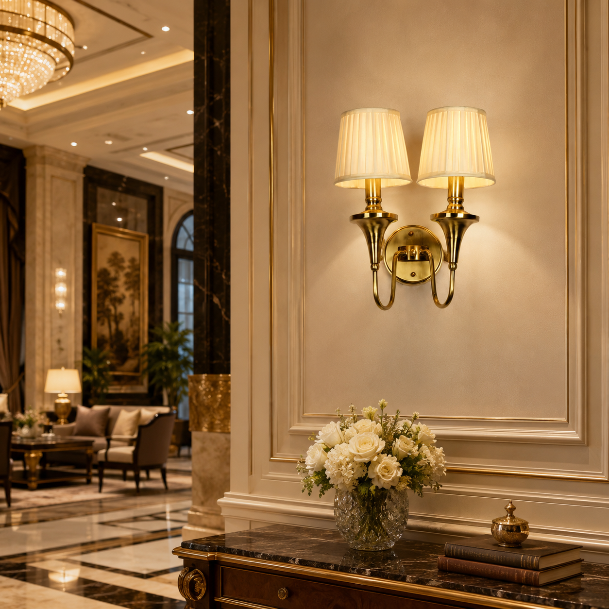 Classic Double Arm Brass Wall Sconce with Pleated Fabric Shades