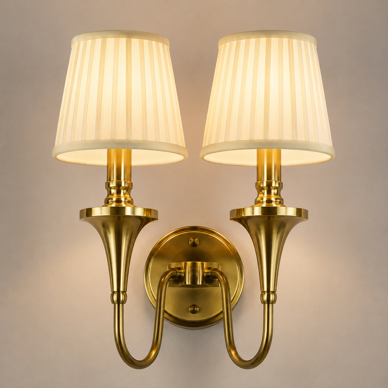 Classic Double Arm Brass Wall Sconce with Pleated Fabric Shades