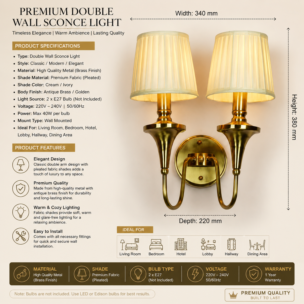 Classic Double Arm Brass Wall Sconce with Pleated Fabric Shades
