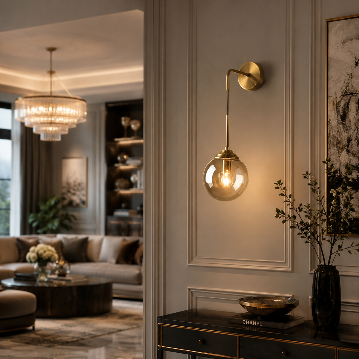 Modern Brass Hanging Globe Wall Light with 5-Inch Amber Glass Shade