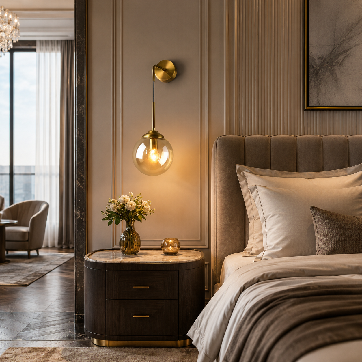 Modern Brass Hanging Globe Wall Light with 5-Inch Amber Glass Shade