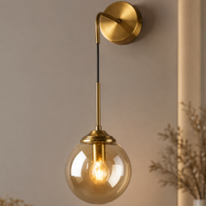 Modern Brass Hanging Globe Wall Light with 5-Inch Amber Glass Shade