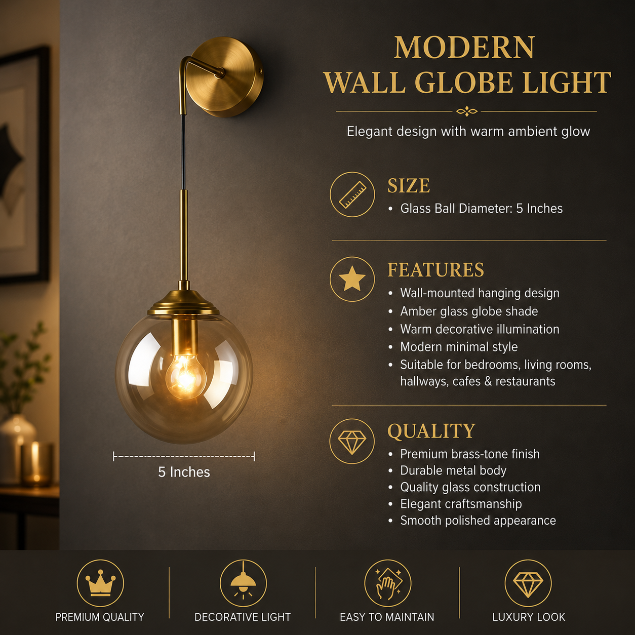 Modern Brass Hanging Globe Wall Light with 5-Inch Amber Glass Shade