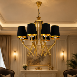 Modern 6-Light Gold Chandelier with Black Fabric Shades | Luxury Decorative Hanging Ceiling Light