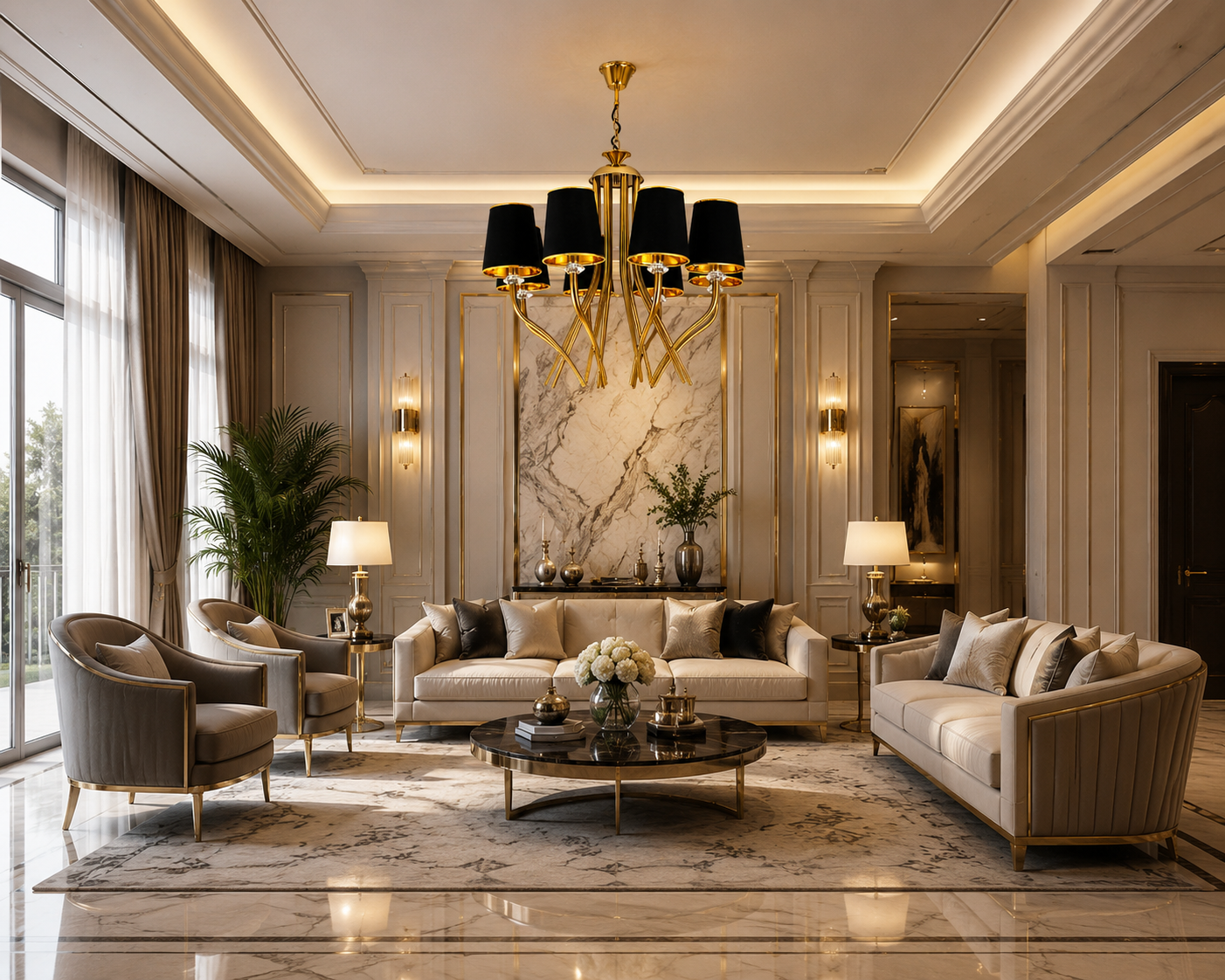 Modern 6-Light Gold Chandelier with Black Fabric Shades | Luxury Decorative Hanging Ceiling Light