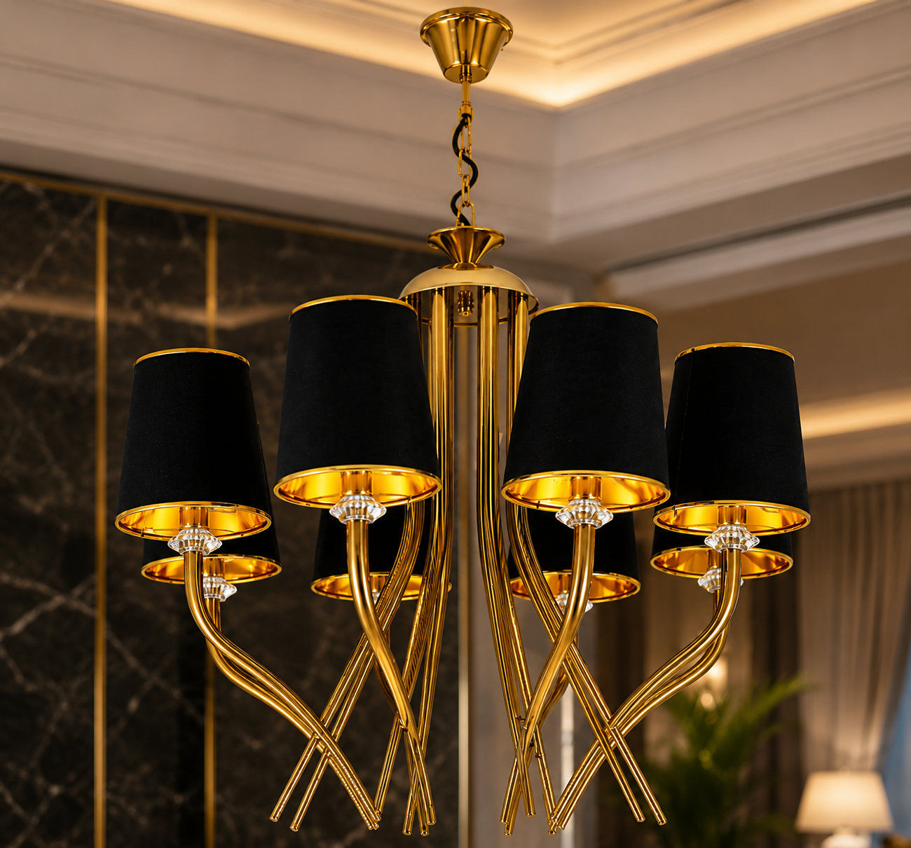 Modern 6-Light Gold Chandelier with Black Fabric Shades | Luxury Decorative Hanging Ceiling Light