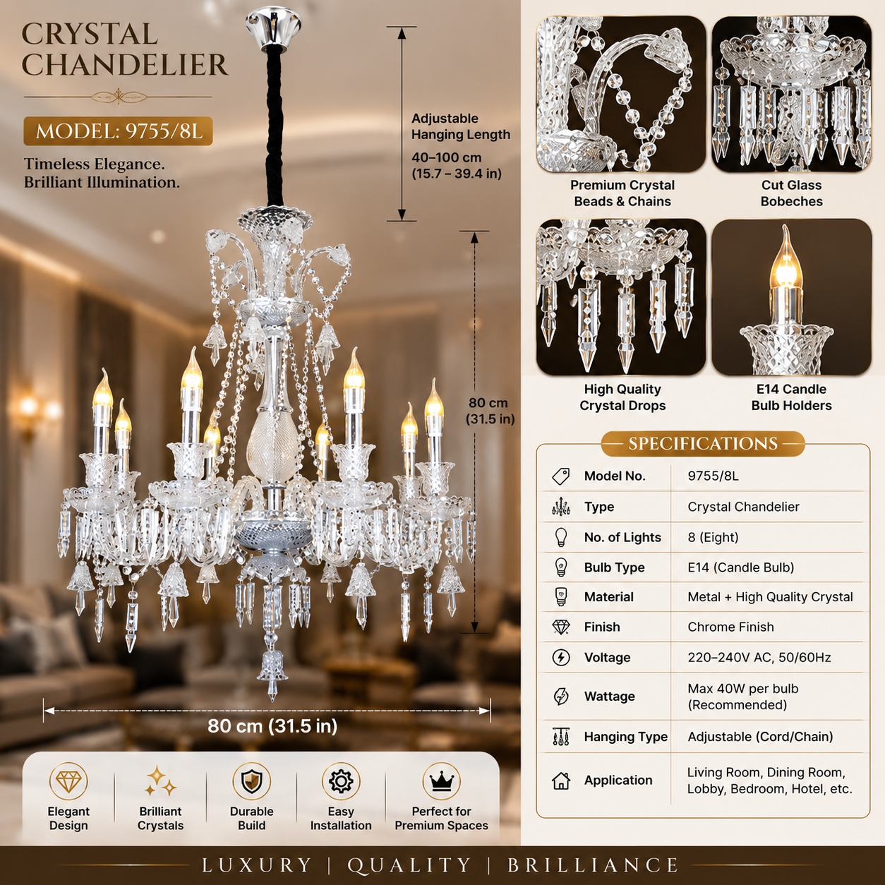 8-light Royal Palace Classic Crystal Chandelier