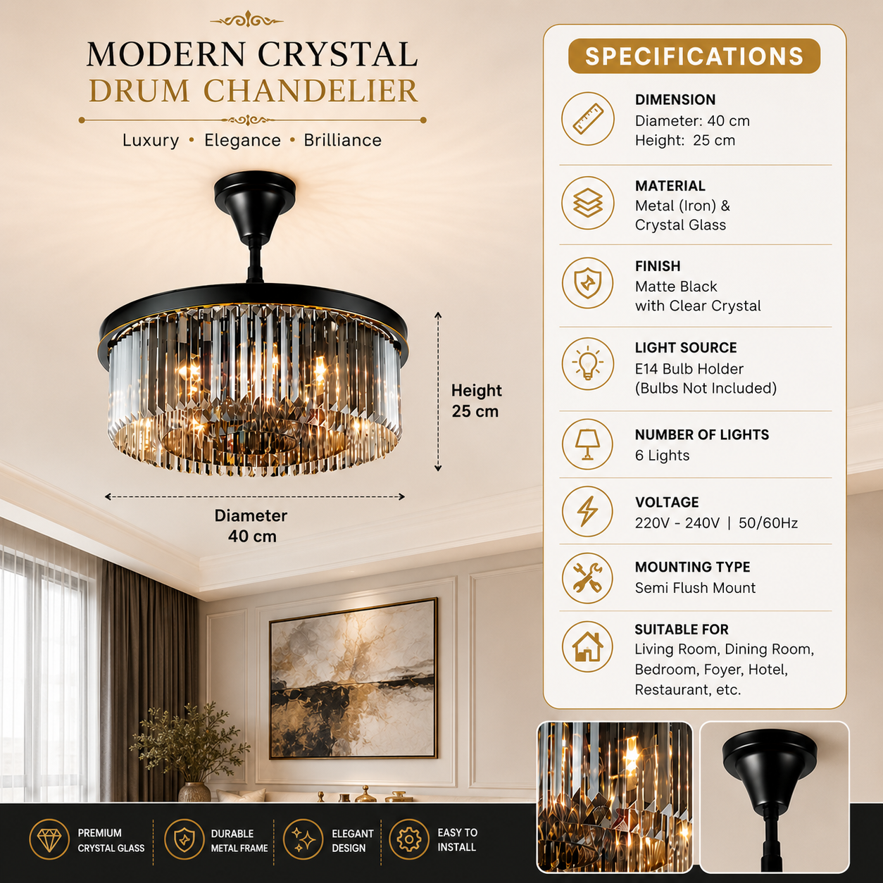 Modern Crystal Drum Semi-Flush Chandelier