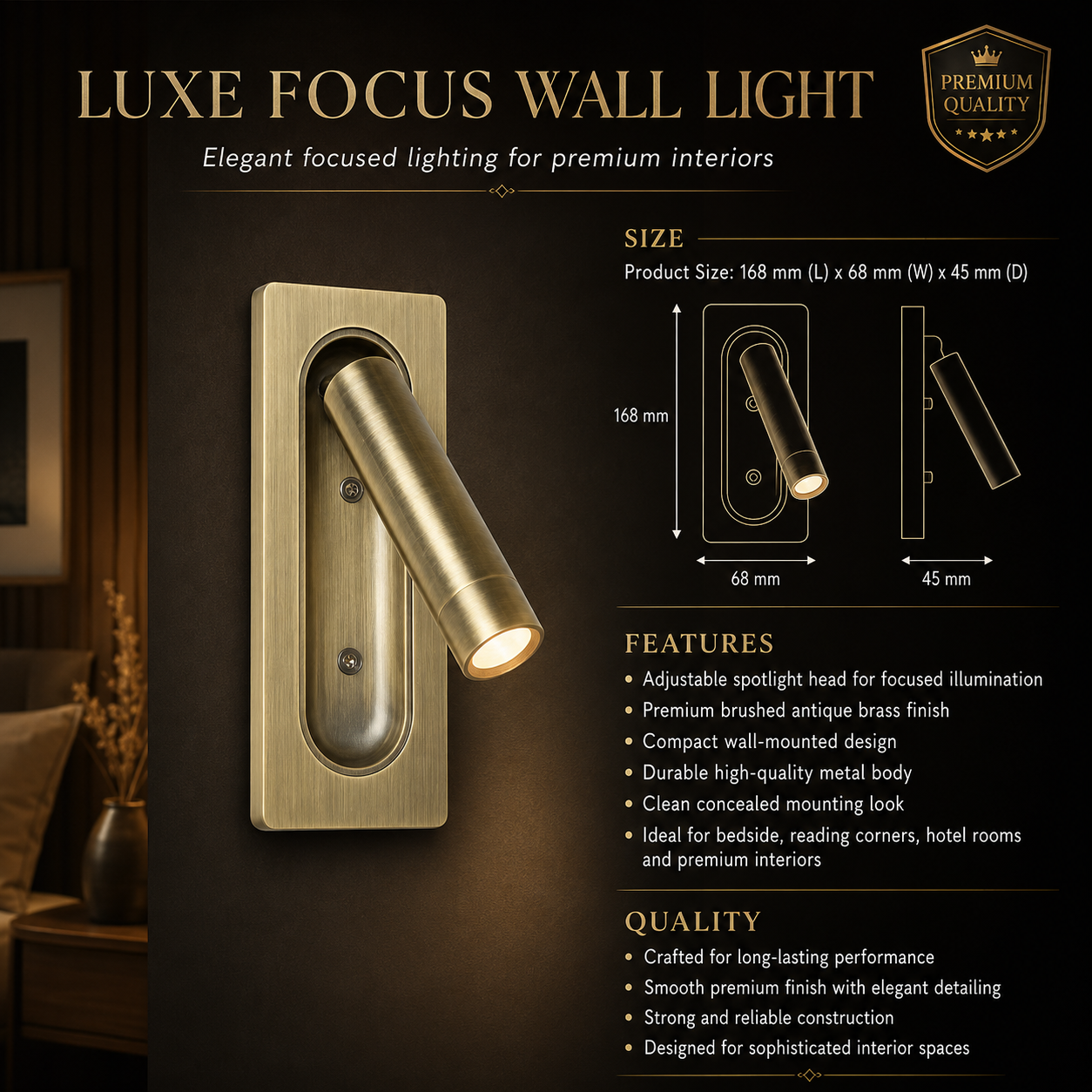 Antique Brass Adjustable Bedside Reading Wall Spotlight