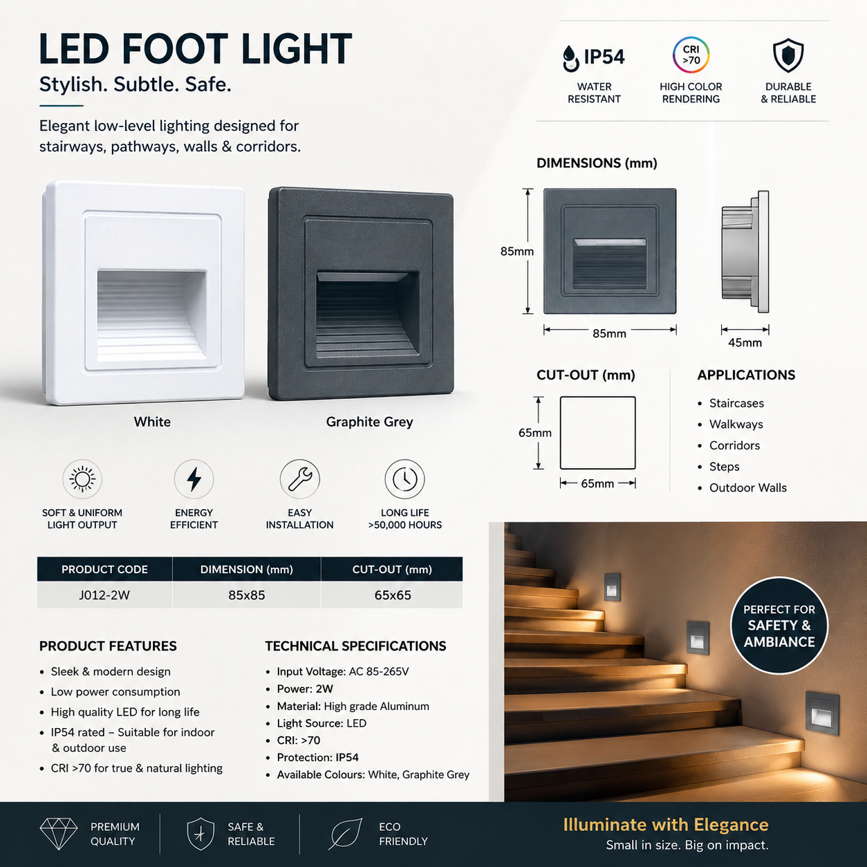 ADL StepGlow 2W Square Recessed LED Foot Light | IP54 Staircase & Wall Step Light | White and Graphite Grey | 85×85 mm