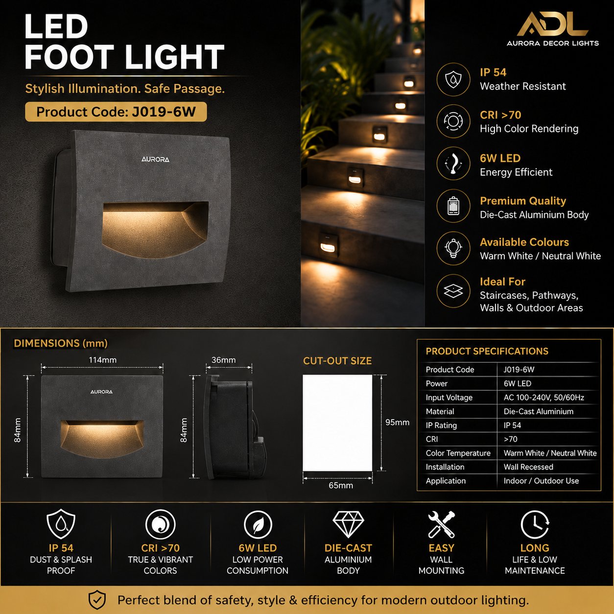Aurora J019-6W IP54 Recessed LED Foot Light for Stairs, Pathways & Outdoor Walls
